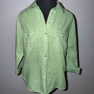 Talbots Women's Light Green  3/4 Sleeve Button Up  Size M Linen/Cotton Blend